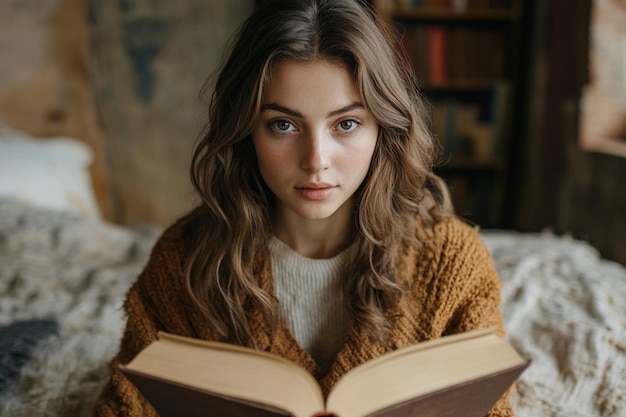 Photo young woman reading from a book at home