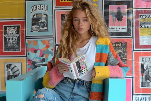 Photo young woman reading magazine chic style vibrant colors