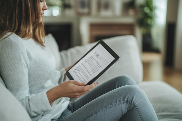 Young woman reading news using tablet while sitting on sofa at home