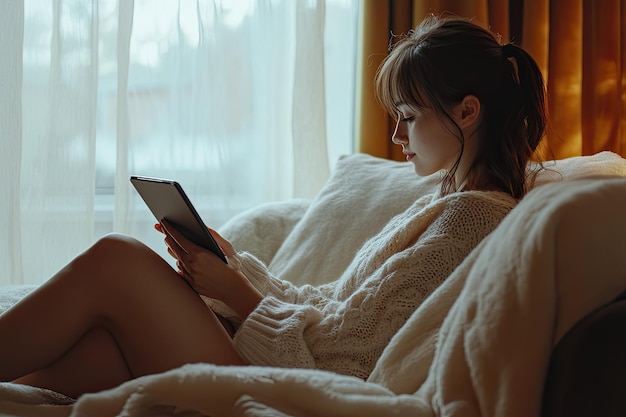 Young woman reading news using tablet while sitting on sofa at home