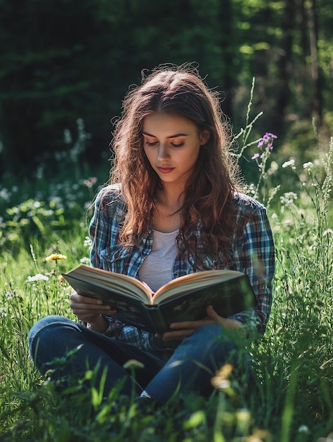 Photo young woman reading in serene nature peaceful outdoor escape