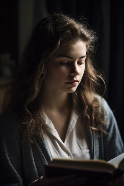 Young woman reading while deep in thought created with generative ai