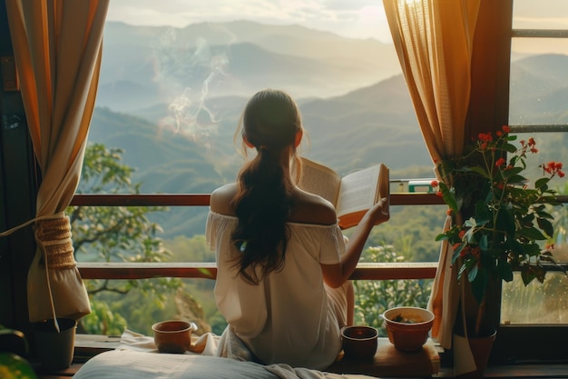 Young woman reads book with mountain view at countryside homestay