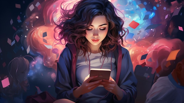 Young woman receiving notifications and commenting on social media posts with smart Generate AI