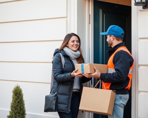 Photo young woman receiving parcel from courier boy on door