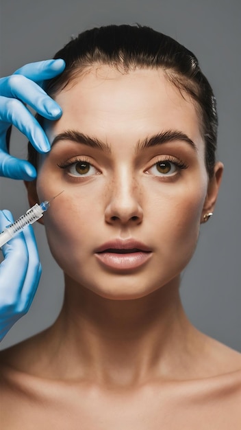 Young woman receiving plastic surgery injection on her face closeup shot