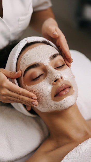 Young woman receiving skin treatment at spa center professional cosmetologist applying moisturizin