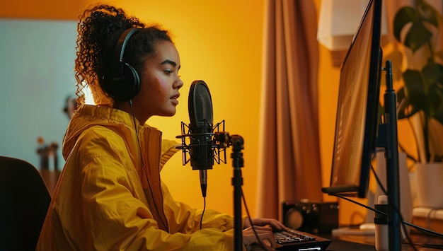 Young Woman Recording a Podcast in a Home Studio