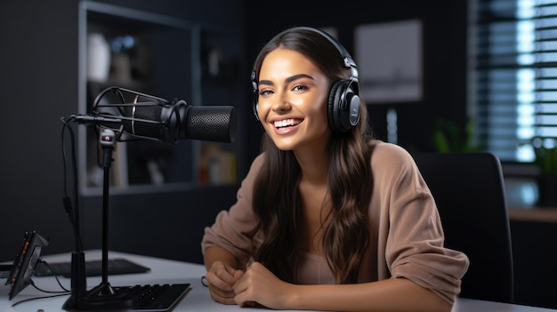 Young woman records a podcast in her home office