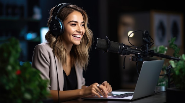 Young woman records a podcast in her home office