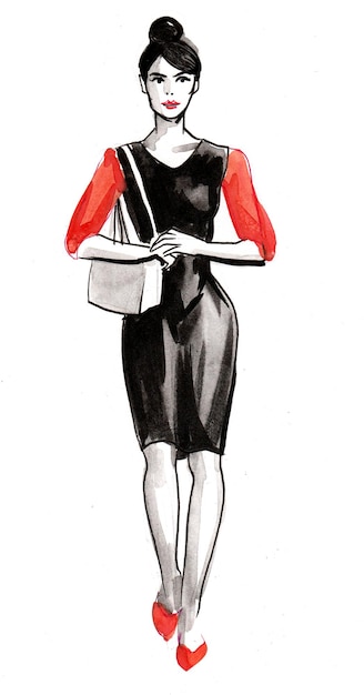 Young woman in red and black dress. Ink and watercolor drawing