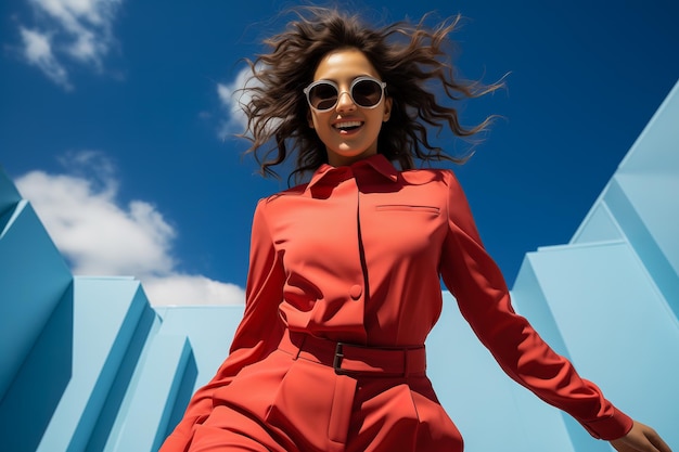 A young woman in a red dress against the sky