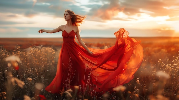 A young woman in a red dress is dancing in a field of flowers The sun is setting and the sky is a warm golden orange