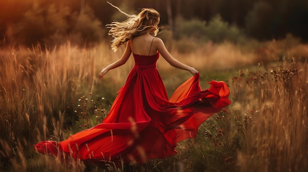 A young woman in a red dress is dancing in a field of tall grass The sun is setting and the sky is a warm golden color