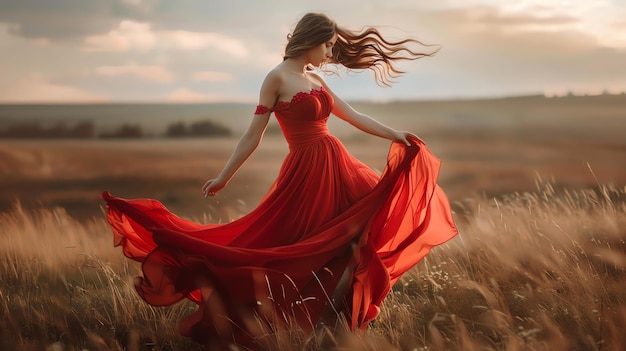 A young woman in a red dress is dancing in a field of tall grass The sun is setting and the sky is a warm golden color