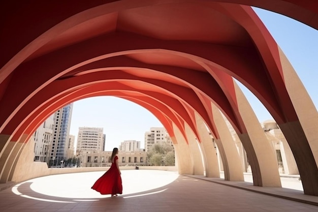 Young woman in red dress walking the street near the bullring amphitheatre in valencia city