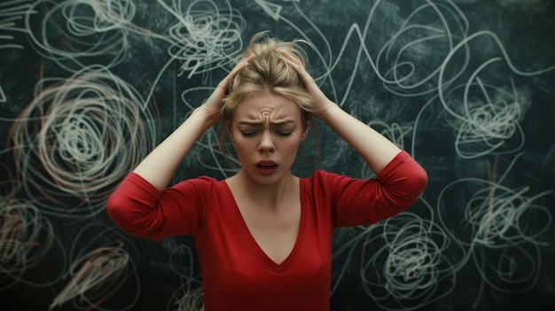 young woman in a red shirt with her eyes closed pressing her temples with a pained expression against a background of a blackboard covered in chaotic white chalk scribbles