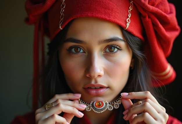 Photo a young woman in a red turban looks at the camera with a confident expression