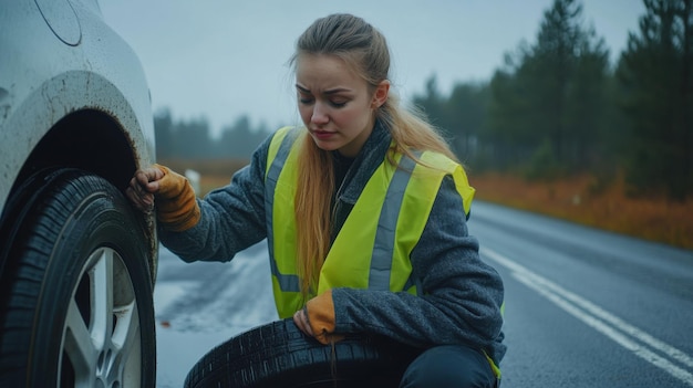 Photo young woman in a reflective vest repairs a flat tire on a rainy highway during early morning