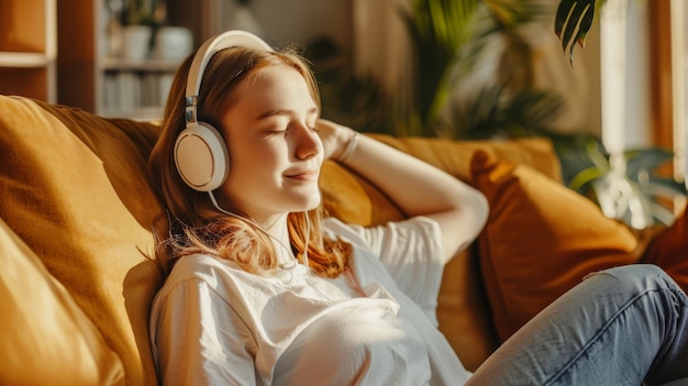 Photo a young woman relaxes on a cozy couch enjoying music with her headphones eyes peacefully closed basking in the warm sunlight