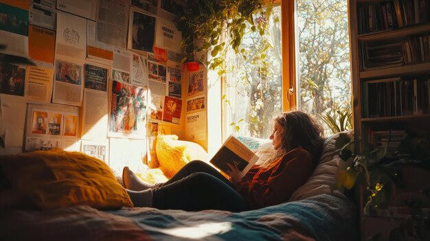 Photo a young woman relaxes in a cozy reading nook bathed in natural light streaming through a windo