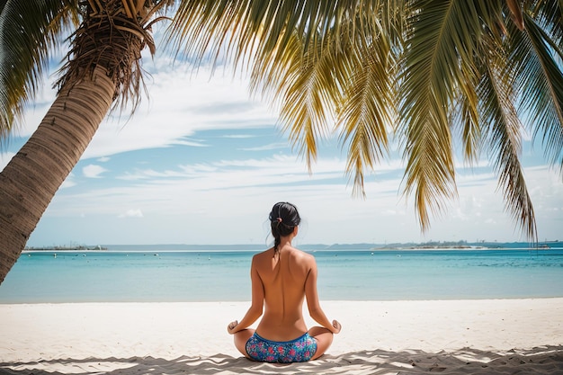 A young woman relaxes on the shore of a tropical island under palm trees Generative AI