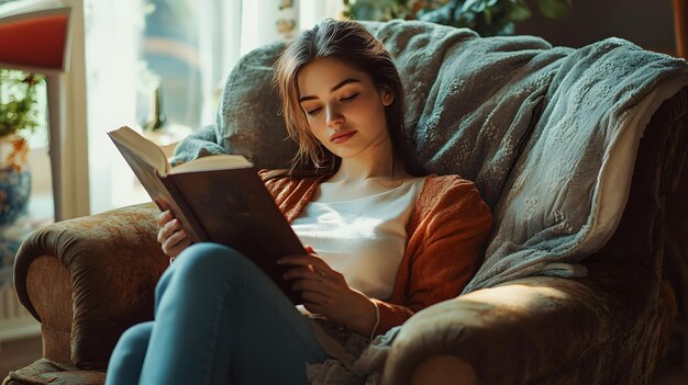 Photo young woman relaxing in an armchair and reading a book