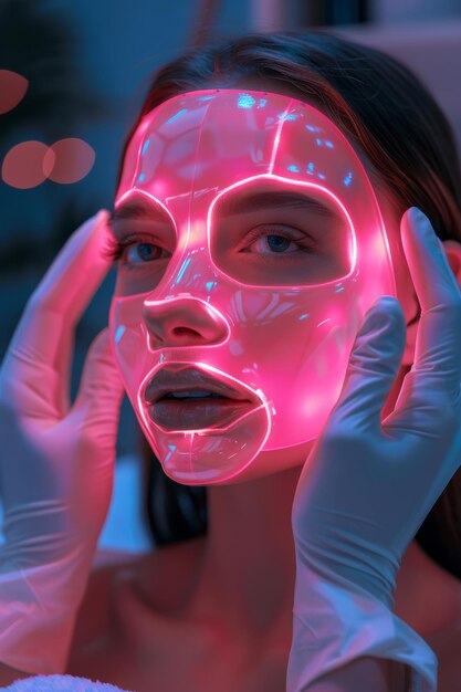 Young woman relaxing on bed in neon light ambiance