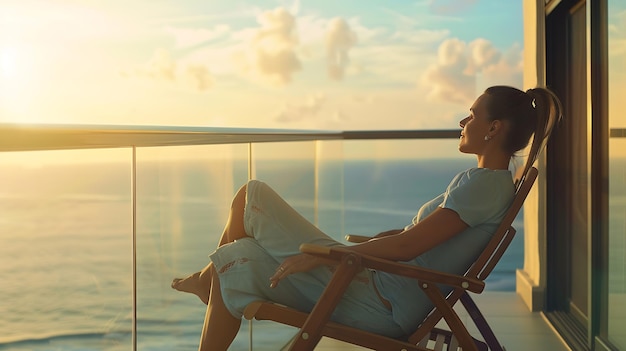 Young woman relaxing in chair on balcony of beachfront hotel or apartment Generative AI