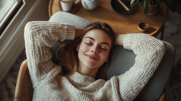 Photo young woman relaxing comfortably at home in a cozy sweater during the afternoon sun