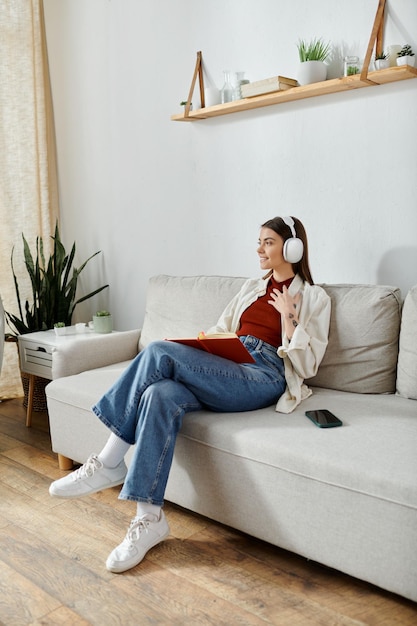 Young woman relaxing on couch listening to music