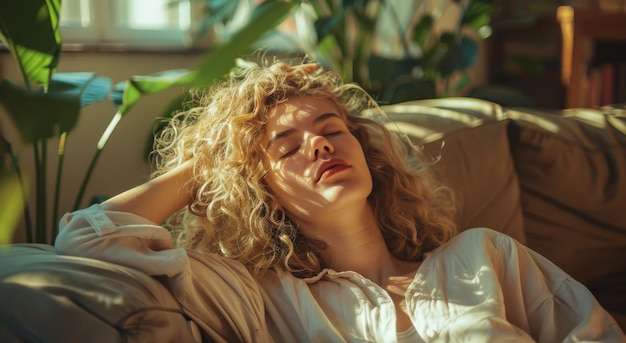 Photo young woman relaxing on a couch in sunlight with indoor plants a woman with curly hair rests peacefully on a couch sunlight filtering through