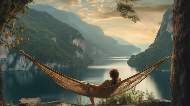 Photo young woman relaxing in hammock on the lake at sunrise with ai generated