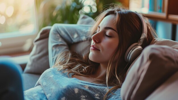 Photo young woman relaxing at home and listening music