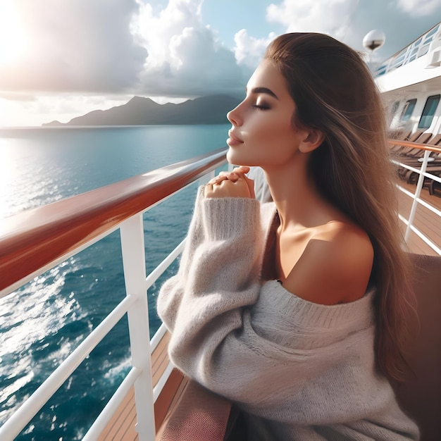 Young woman relaxing on an outdoor deck of a cruise ship