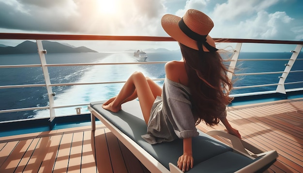 Young woman relaxing on an outdoor deck of a cruise ship