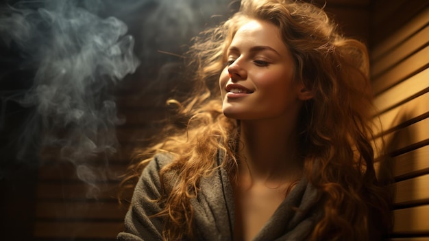 Young woman relaxing in a spa sauna surrounded by steam