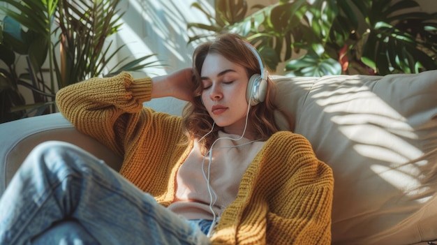 Photo a young woman relaxing with music