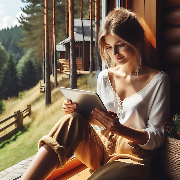 Photo young woman resting at beautiful country house view from outside forest