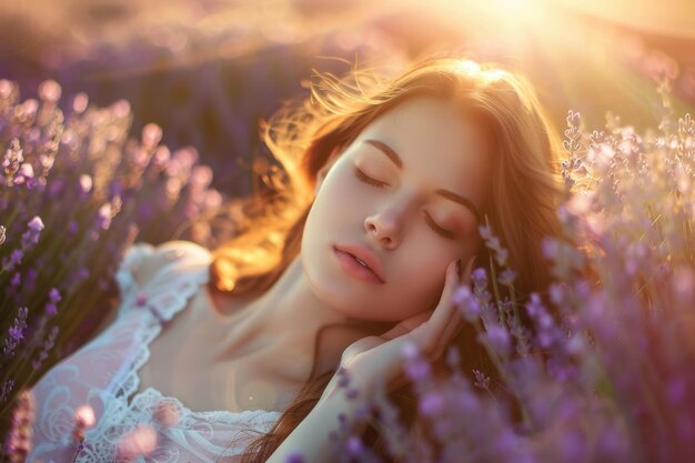 Photo young woman resting in a lavender field at sunset