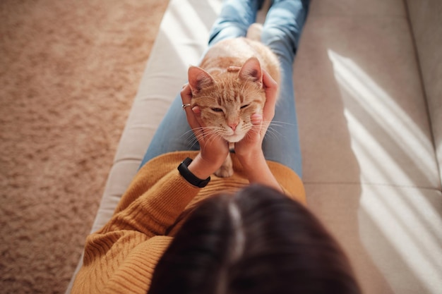 Young woman resting with pet in sofa at home