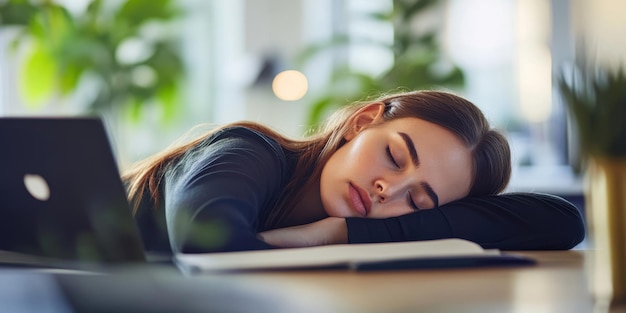 Photo a young woman rests her head on a desk surrounded by greenery highlighting the need for relaxation in a busy workspace