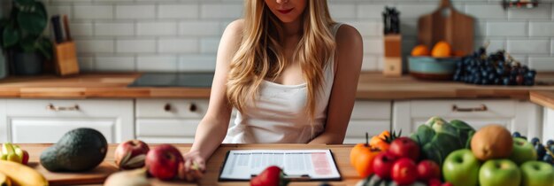 Photo young woman reviewing a diet plan on a tablet in a kitchen with fresh fruits modern nutrition and healthy eating for balanced diets and wellness