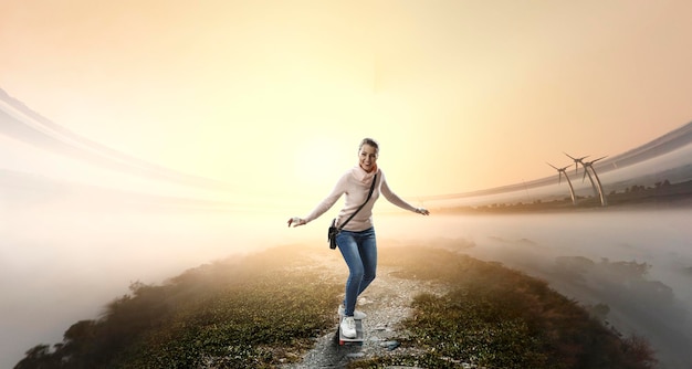 Young woman riding her skateboard. Mixed media