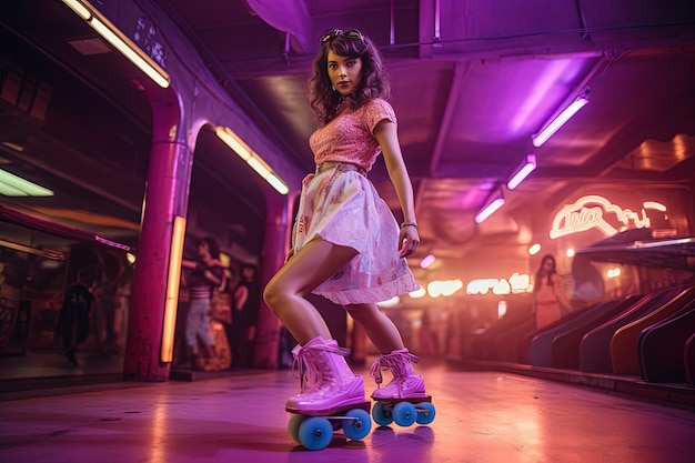 A young woman riding a skateboard down a hallway