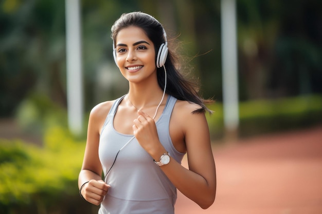 Young woman running and listening music at public park