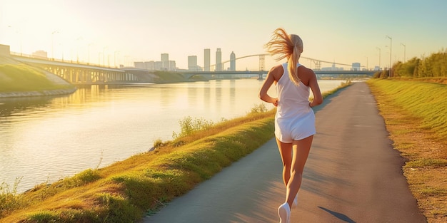 Young woman running on pier near river in morning Generative AI