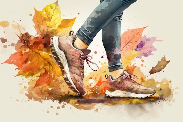 Young woman in running shoes in autumn Watercolor pastel background ai generative