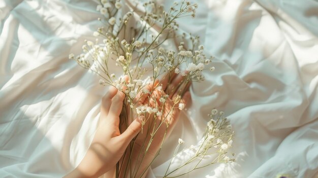 Young woman s hands holding delicate flowers on white sheet in morning sunlight with a soft haze