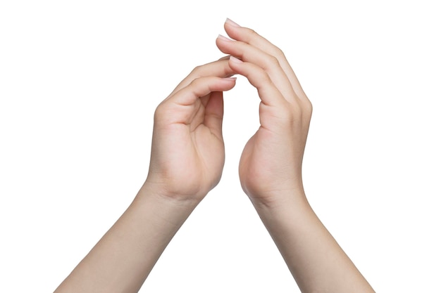 Young woman's hands touching each other with white background and copy space